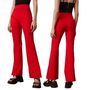 Maeve Anthropologie High Rise Red Knit Flare Pull On Pants With Side Ankle Slit